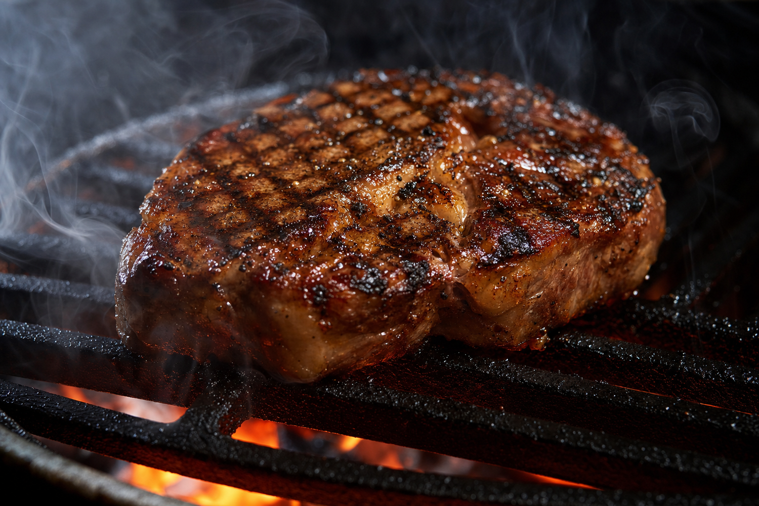 Thick ribeye steak with perfect sear marks and smoke rising on hot cast iron grill grates over open flame
