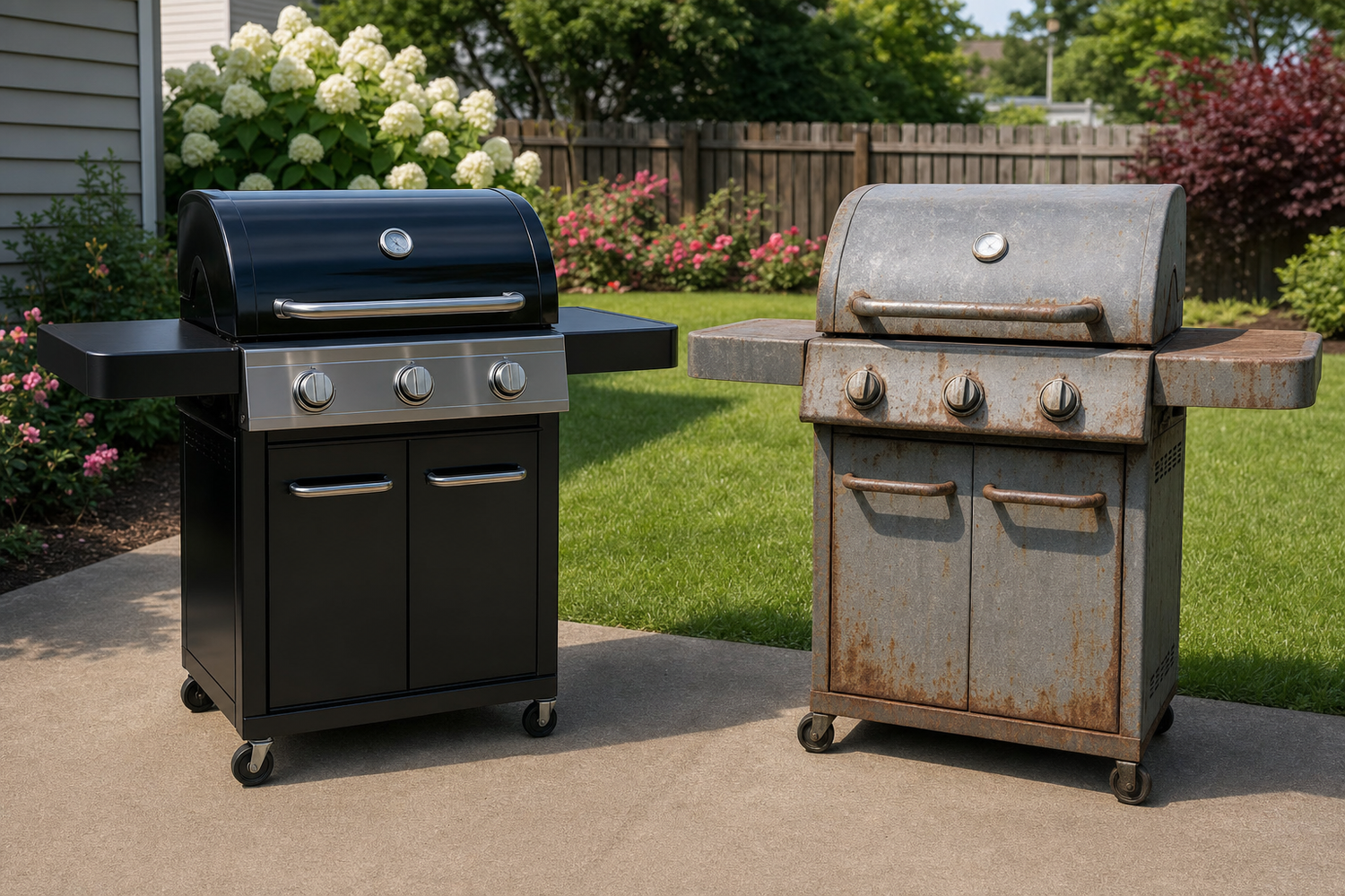 Two gas grills side by side -- one with clean finish and one with rust and faded panels -- illustrating the resale value difference