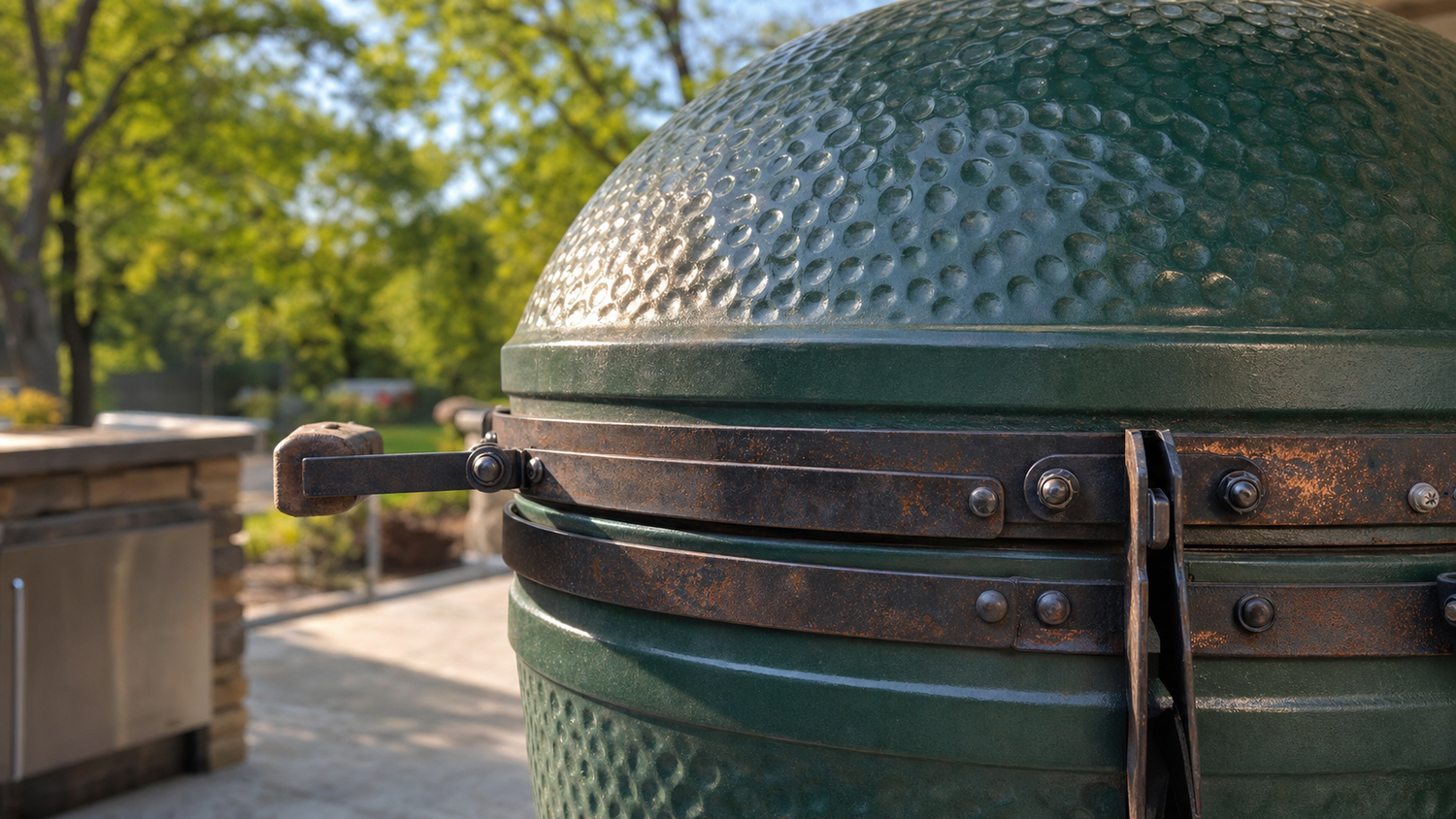 Ceramic kamado grill showing rusted metal band hardware and hinge in backyard outdoor kitchen setting