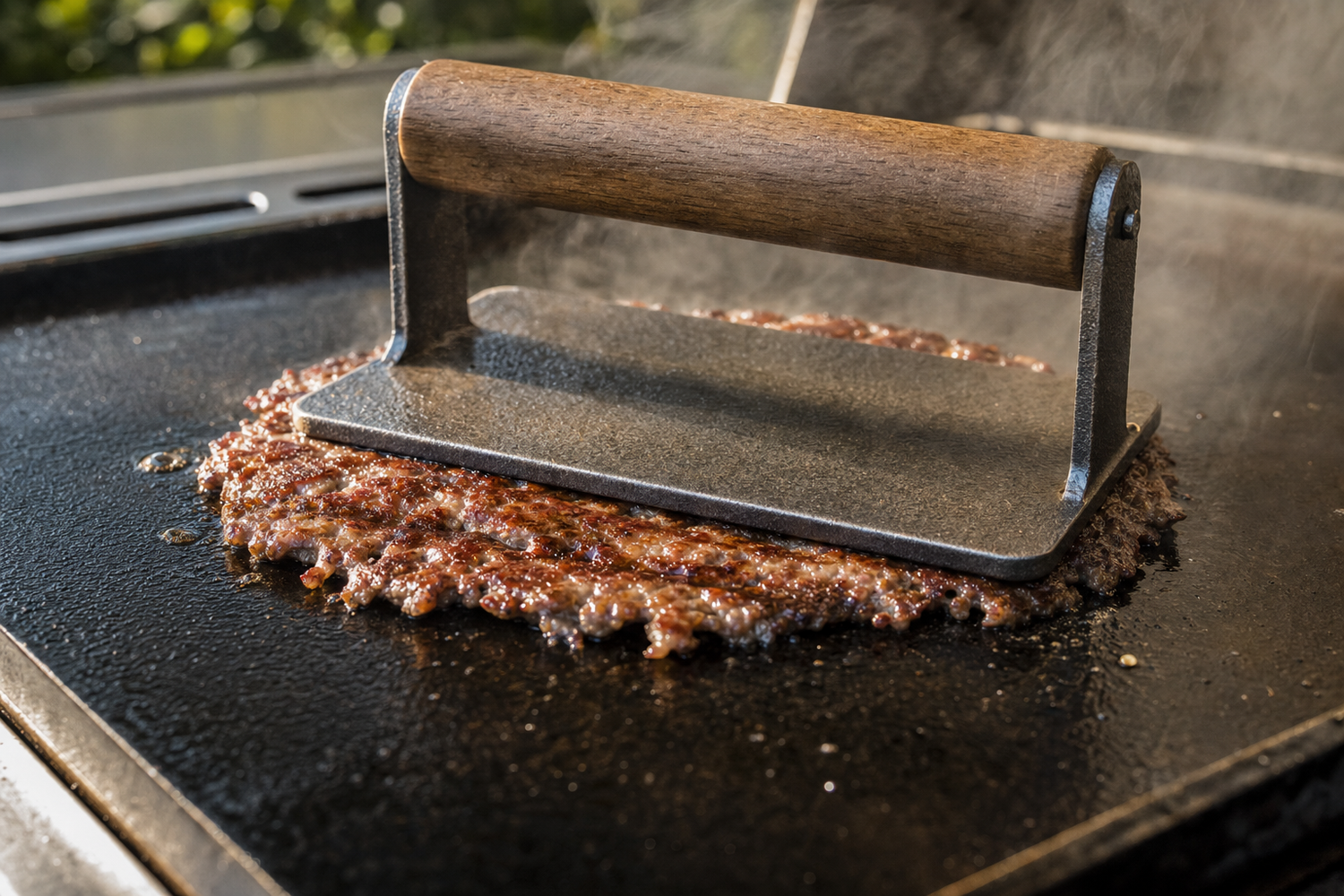 Smashburger patty being pressed flat on a cast iron griddle on a backyard grill with lacy browned edges forming
