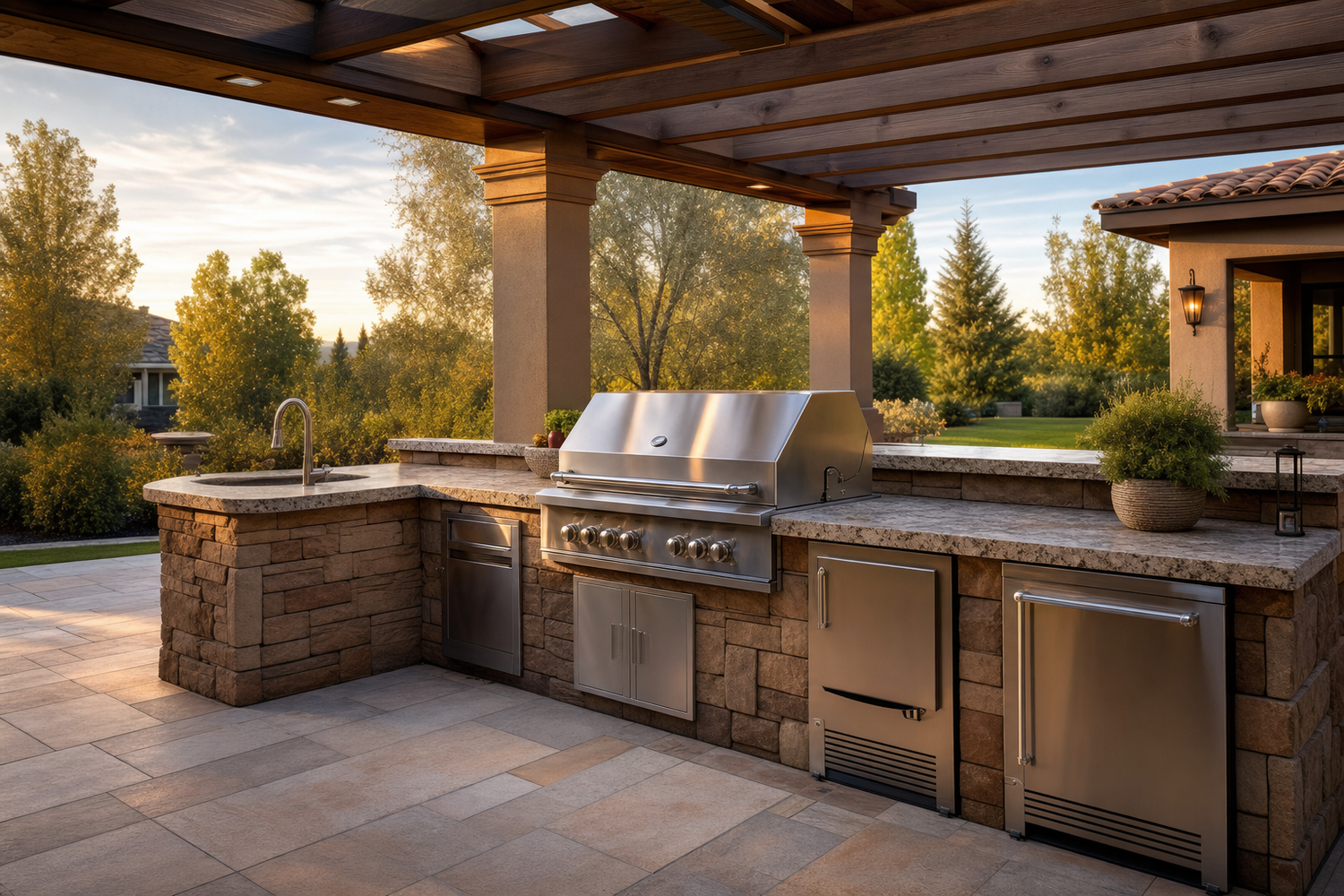 Luxury outdoor kitchen with built-in stainless steel grill and stone countertops in a well-maintained backyard at golden hour