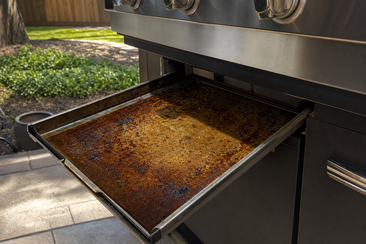 Gas grill grease tray being removed showing heavy accumulated brown grease residue fire hazard