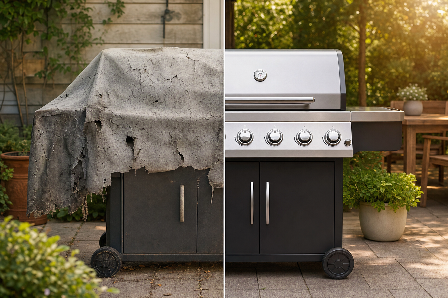 Split comparison of a gas grill with a weathered cracked cover versus the same grill with a clean protected exterior finish