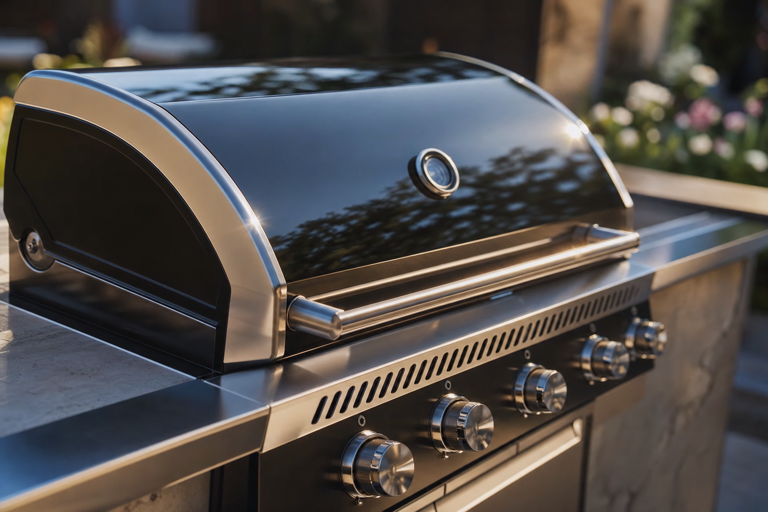Glossy ceramic-coated stainless steel gas grill lid with mirror-like protective sheen in backyard sunlight