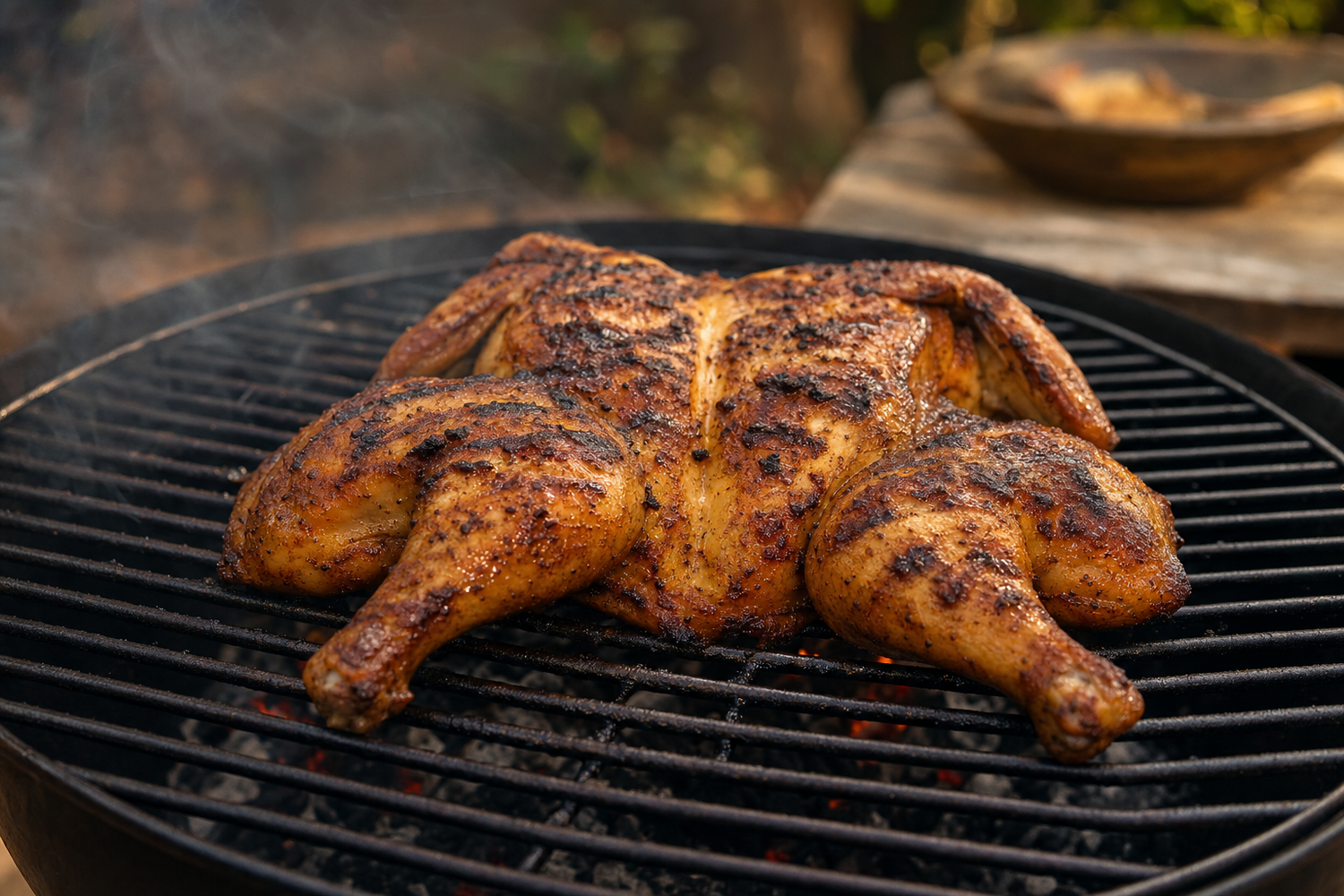 Spatchcocked chicken laid flat on charcoal grill grate with golden-brown crispy skin and grill marks