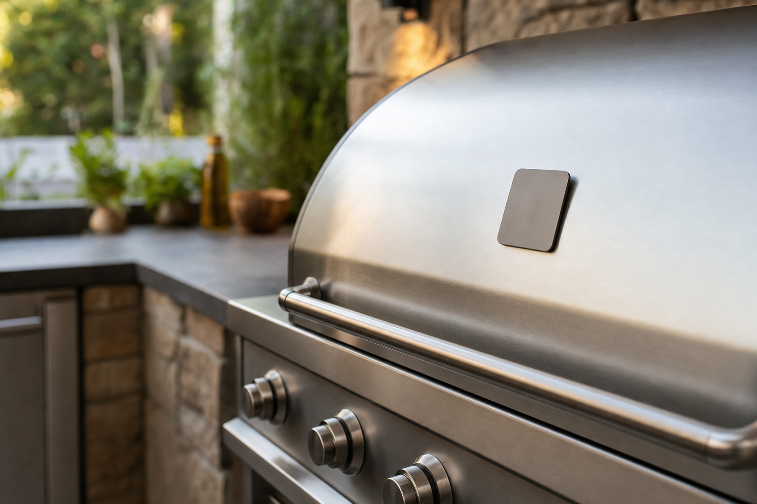 A plain magnet stuck on the lid of a stainless steel outdoor grill, testing for 430 versus 304 grade steel