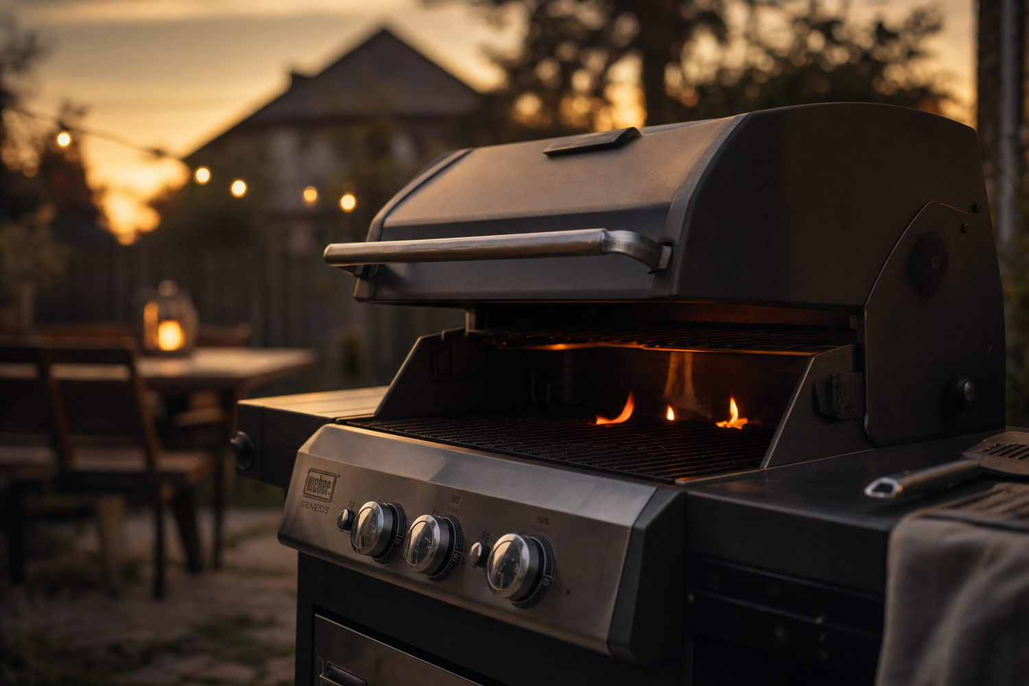 Gas grill at dusk in a backyard with low weak flames visible under partially open hood, warm moody lighting