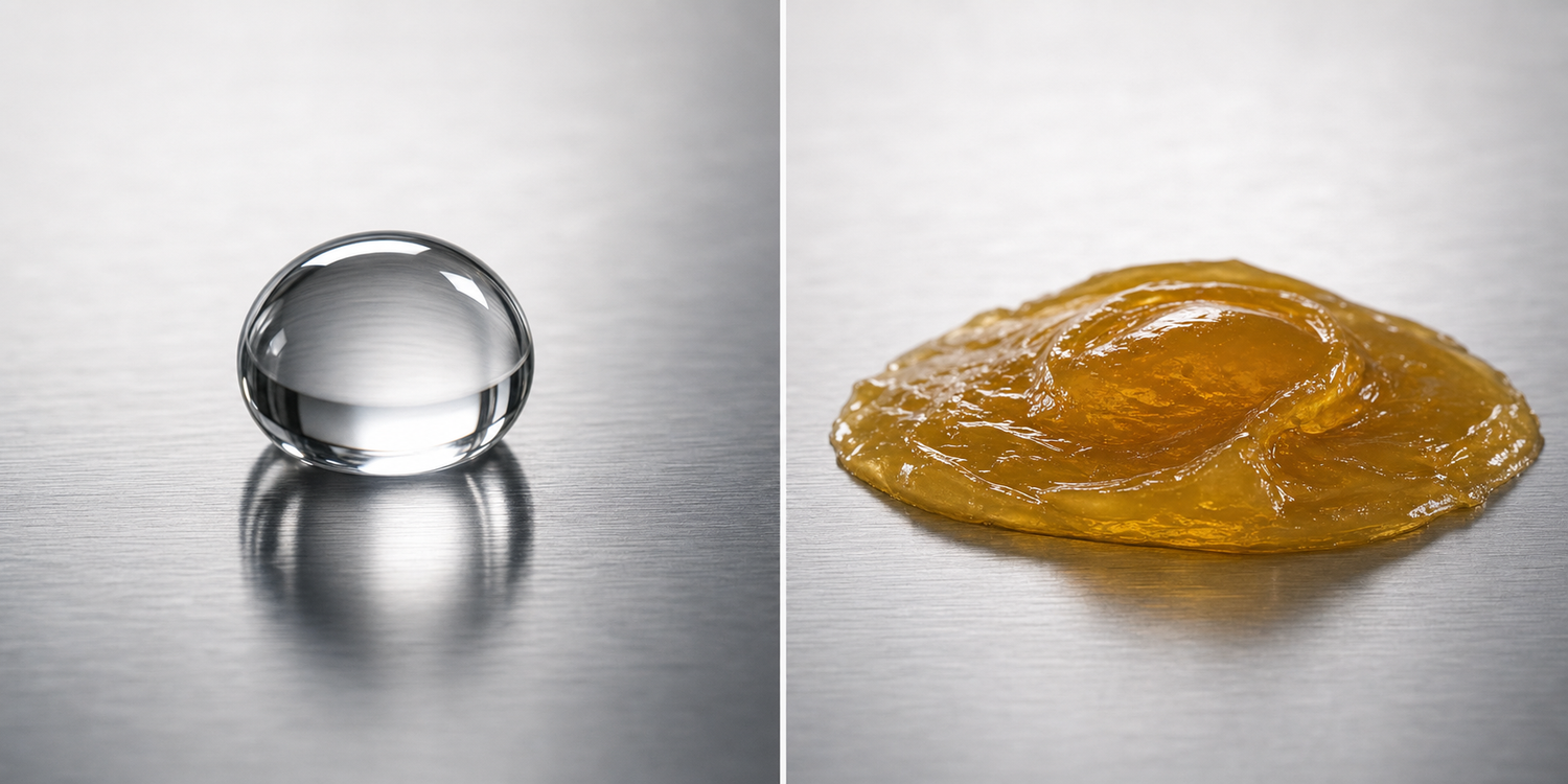 Split-panel illustration showing water droplet beading on polished metal versus amber grease droplet spreading on same surface, demonstrating hydrophobic versus oleophobic coating behavior