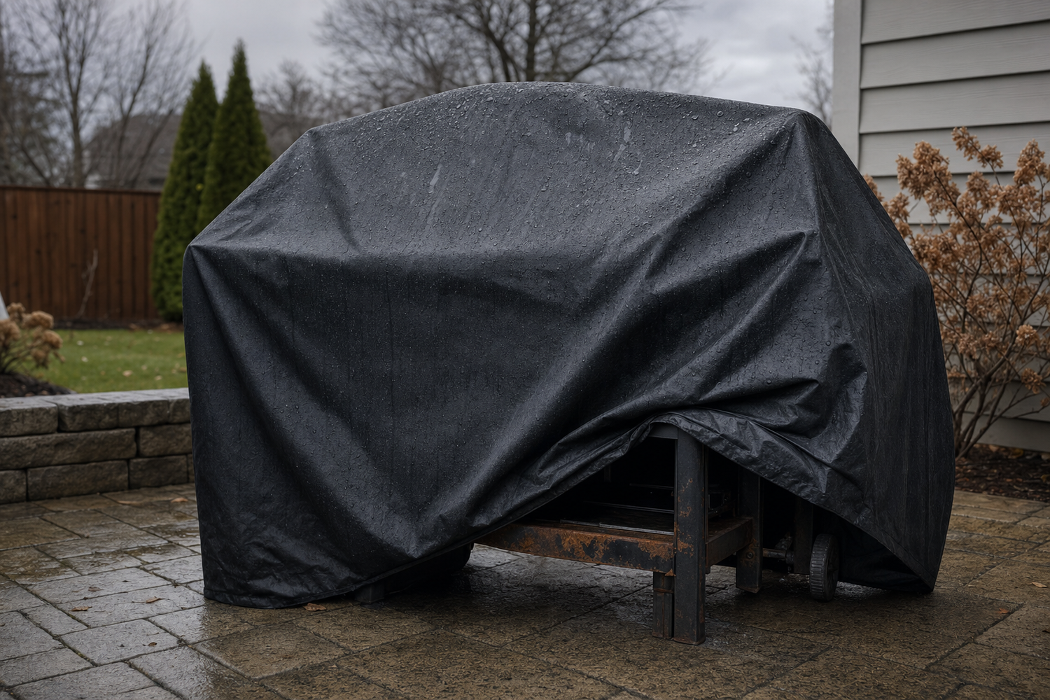 Gas grill covered with a dark cover in the rain showing rust on the exposed metal frame