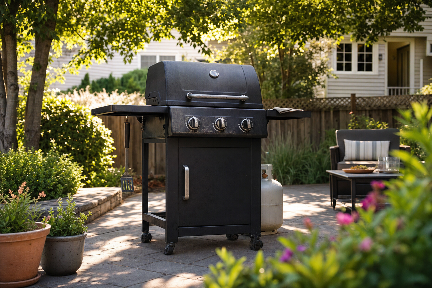 Modest mid-range black gas grill on a suburban backyard patio surrounded by garden plants