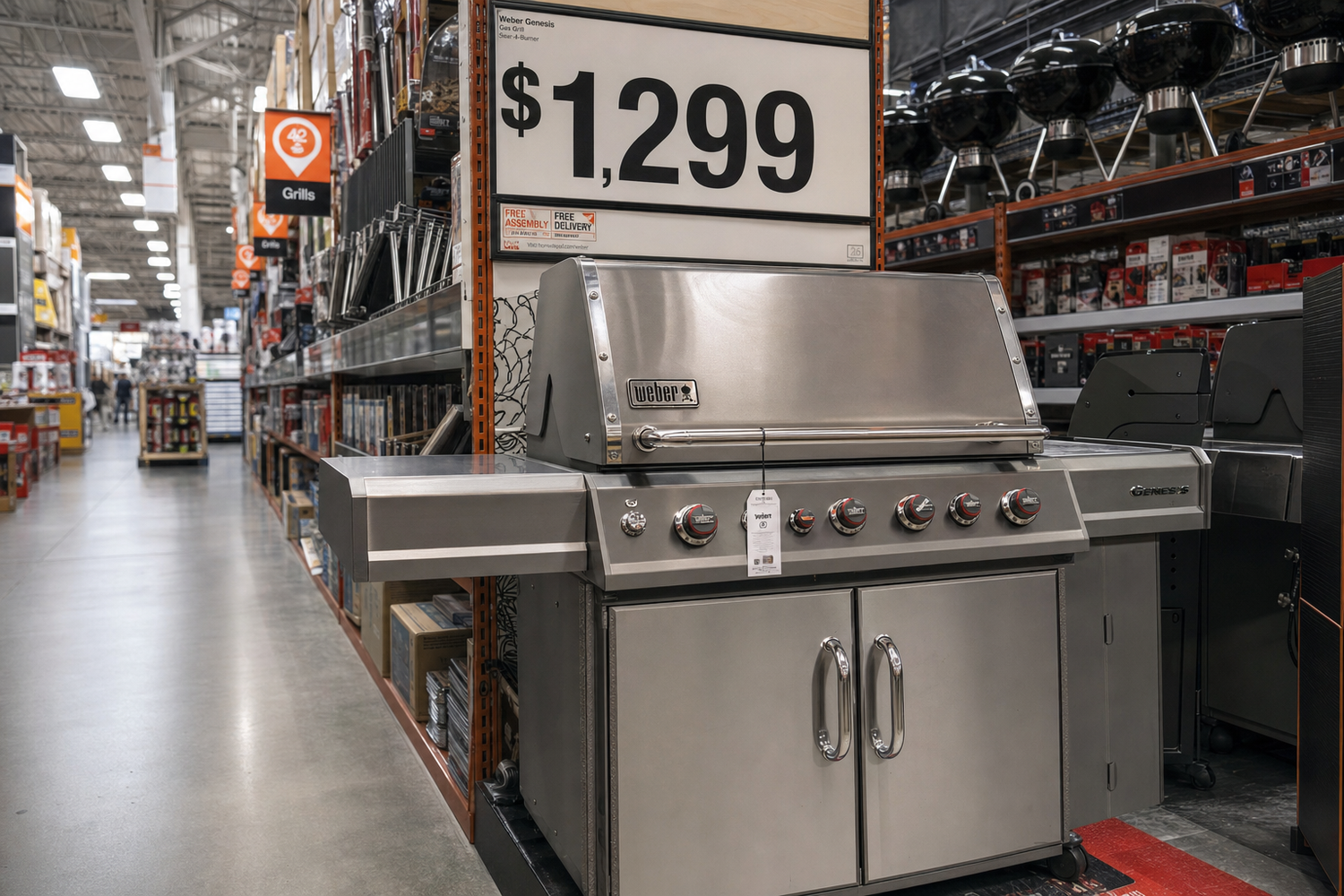 Gas grill on display in a home improvement store aisle with a large price tag showing current retail cost