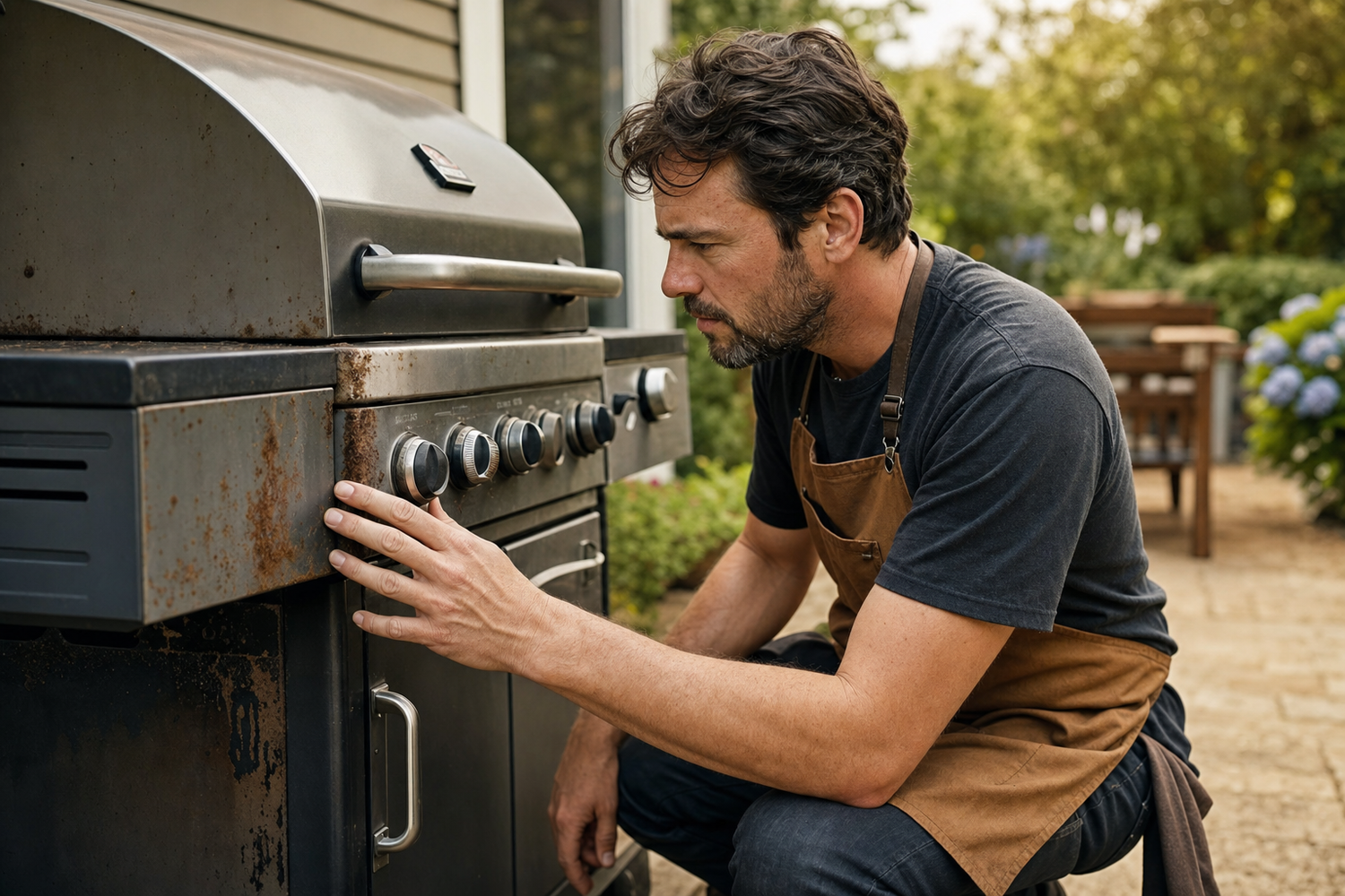 Person in mechanics apron closely inspecting rusted exterior side panels of a gas grill for wear patterns