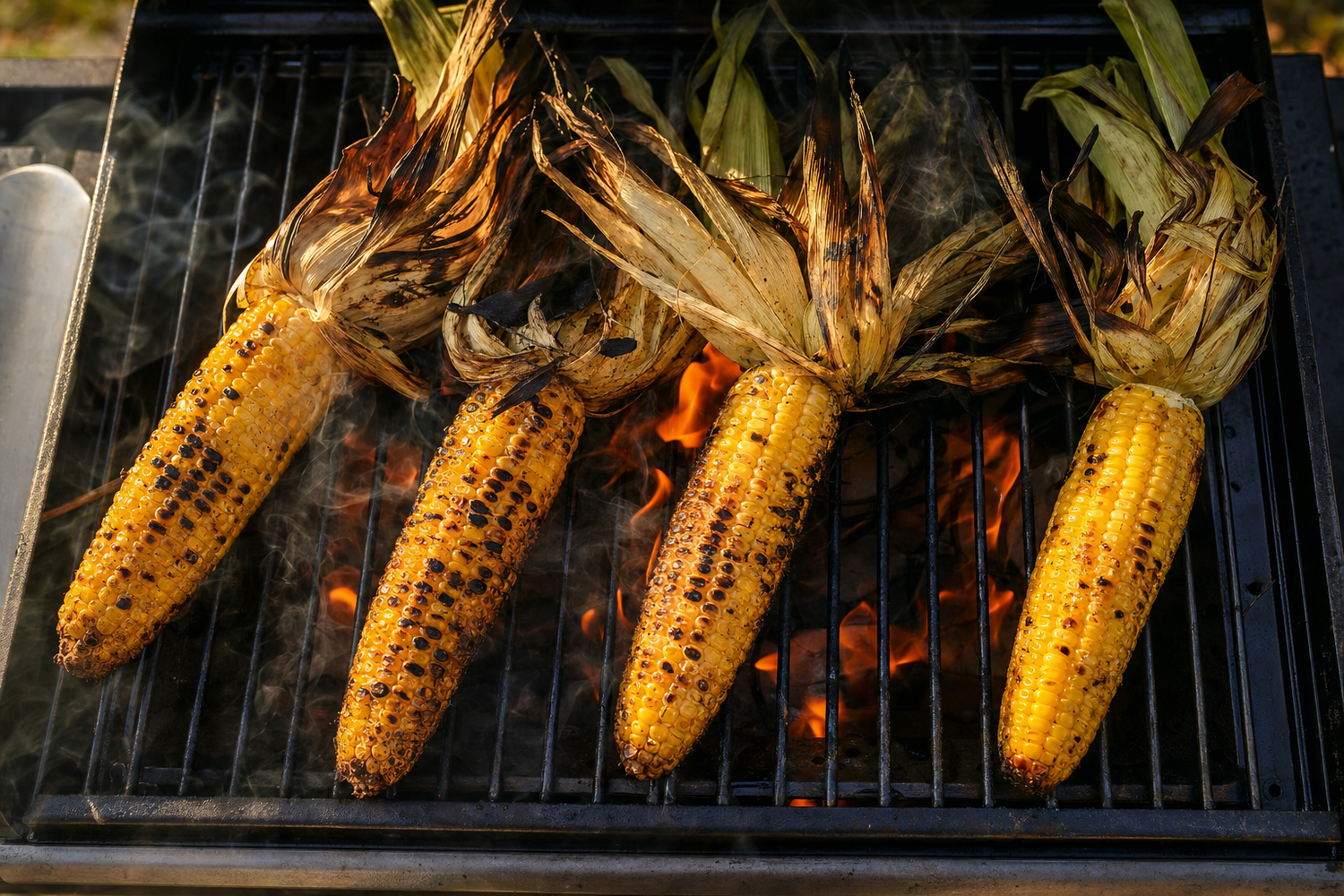 Ears of corn grilling on a gas grill with husks pulled back showing charred golden kernels and flames below