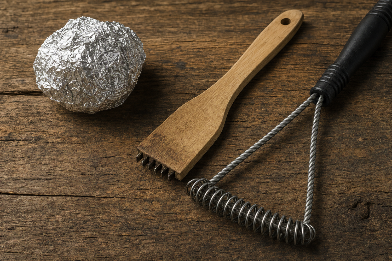 Safe grill cleaning tools including aluminum foil ball, wooden scraper, and bristle-free coil brush on wooden surface