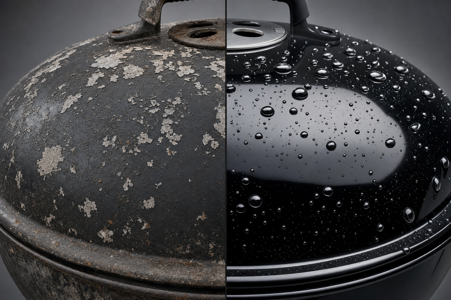 Split comparison of degraded flaking painted grill surface versus glossy ceramic-coated grill with water beading