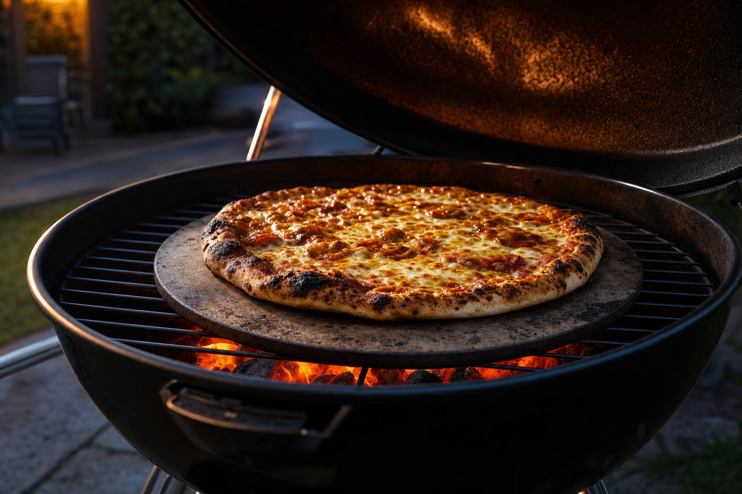 Pizza cooking on a stone inside a kettle grill with dome lid and glowing coals
