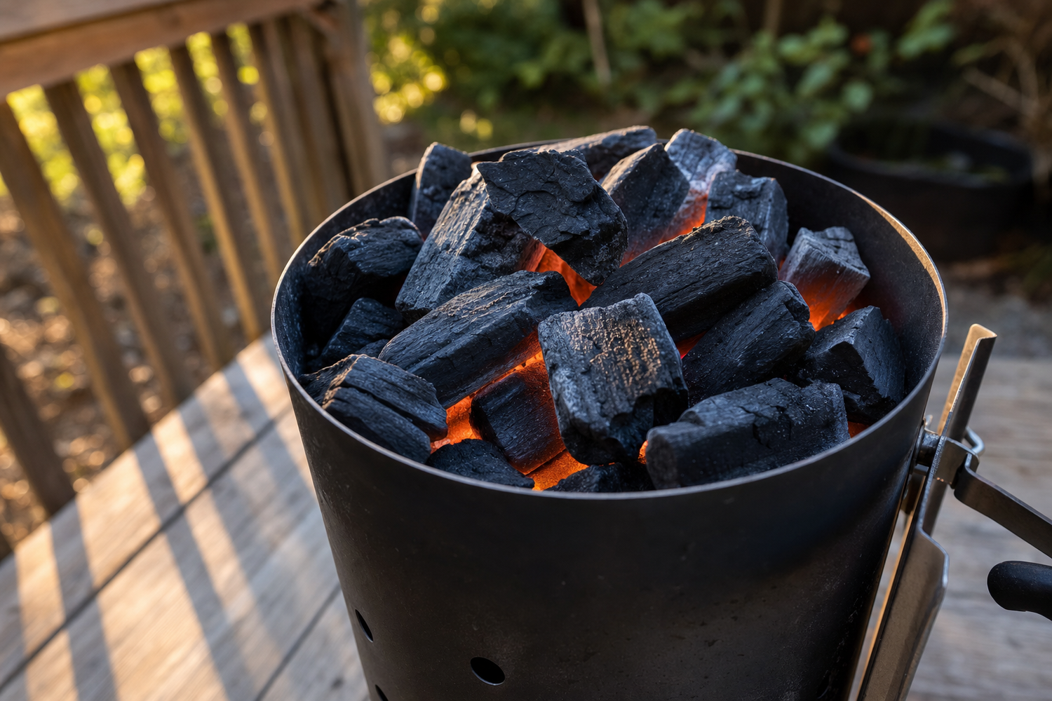 Lump charcoal pieces glowing red-orange in a chimney starter on a backyard deck