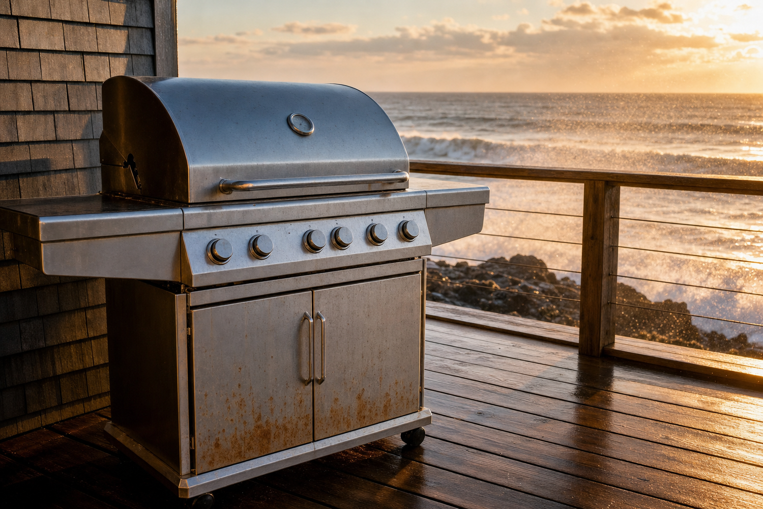 Stainless steel gas grill on a beachfront deck with ocean waves in the background and salt corrosion staining on the lower panels