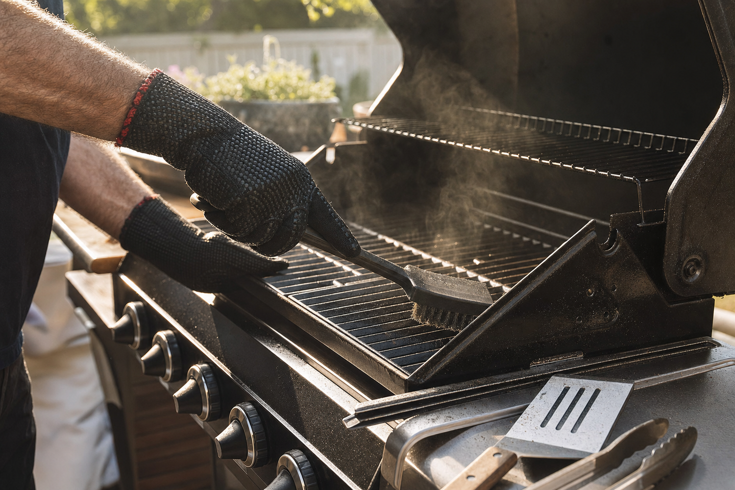 Gloved hands cleaning gas grill grates with a wire brush, steam rising from hot cast iron grates in a backyard setting