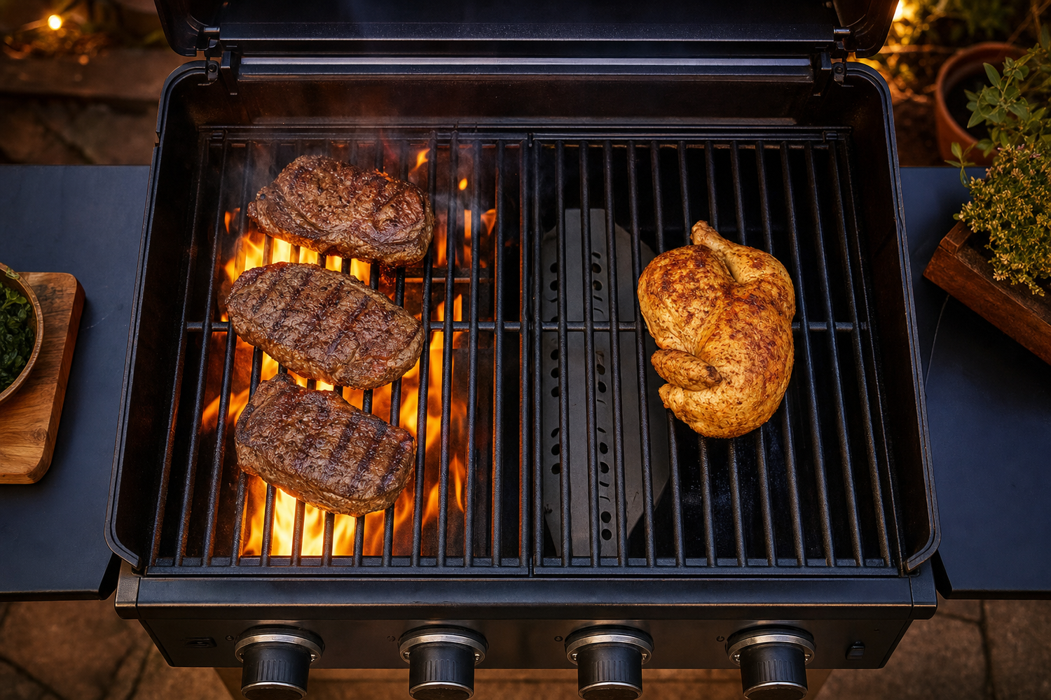 Overhead view of a gas grill showing two-zone cooking with direct flame searing steaks on one side and indirect heat chicken on the other