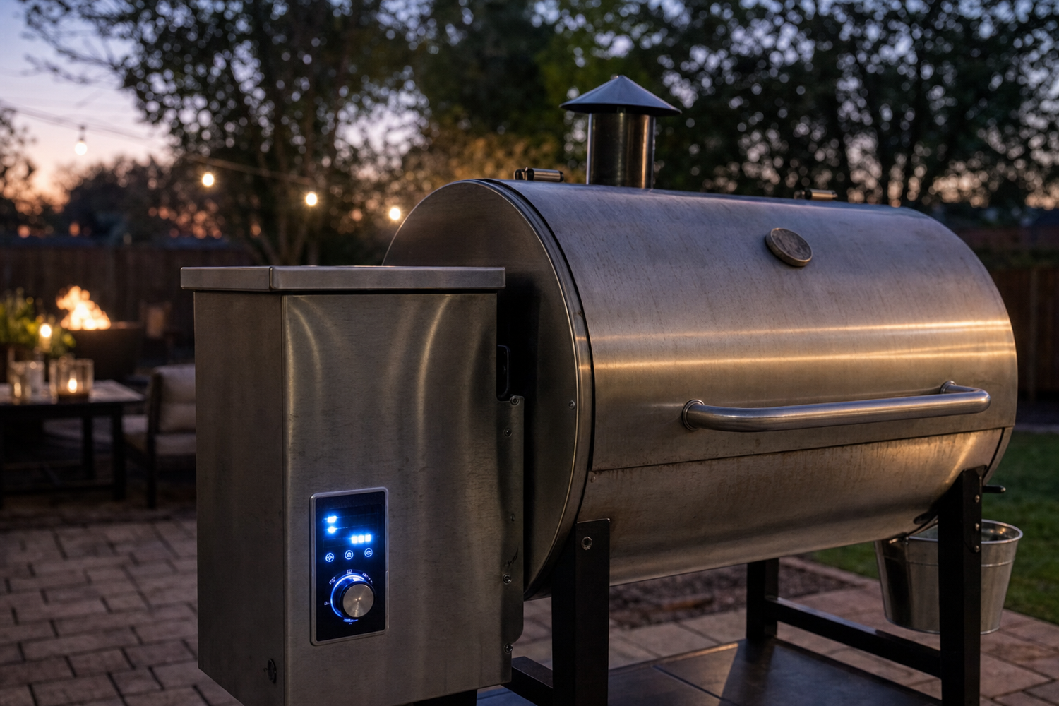 Wood pellet grill with digital controller display glowing at dusk in backyard setting