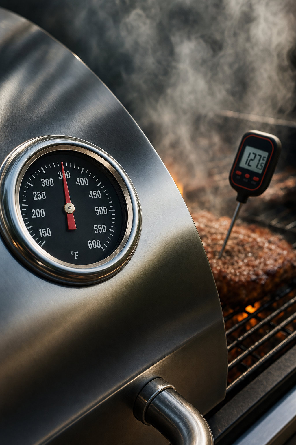 Gas grill lid thermometer dial showing dome temperature with a digital probe at grate level showing a lower reading