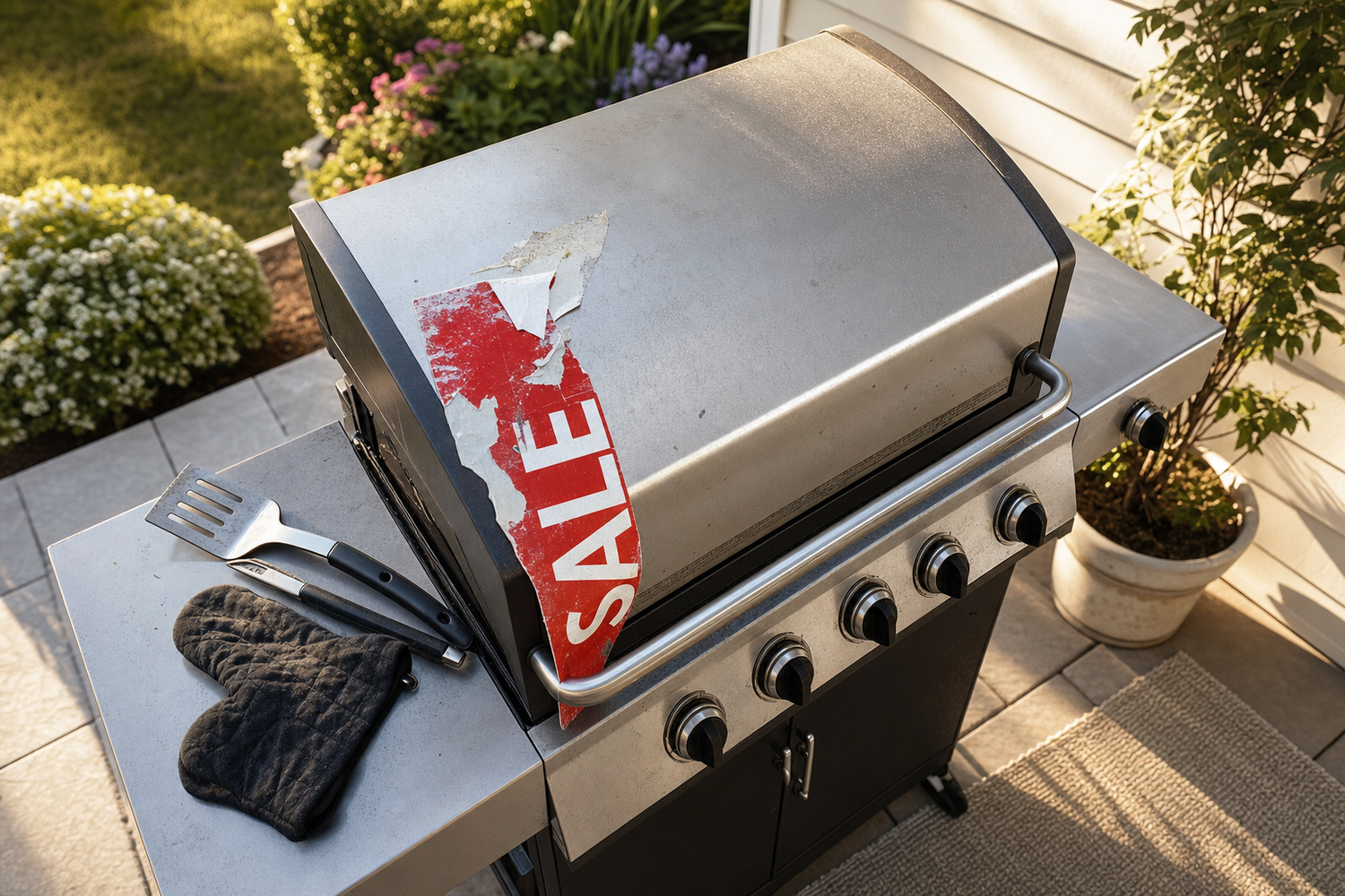 Overhead shot of a backyard gas grill with a half-removed sale price tag on the lid, suburban patio backdrop