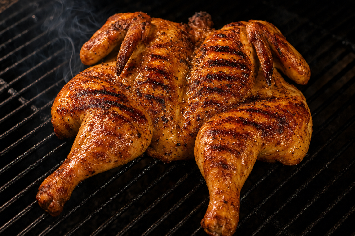 Whole spatchcocked chicken with crispy golden skin laid flat on grill grates with light smoke
