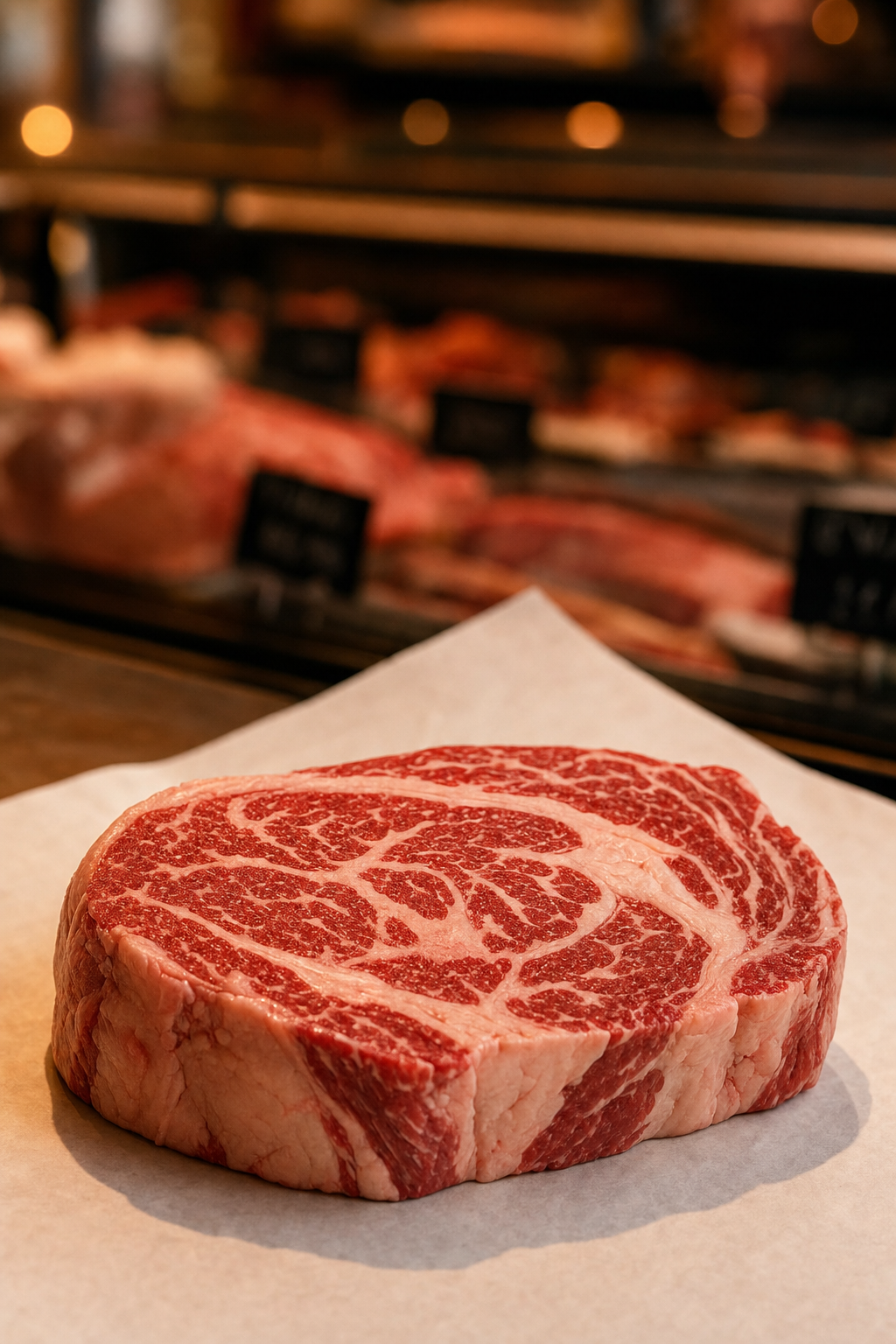 Premium ribeye steak on butcher paper at a meat counter, showing rich fat marbling under warm light