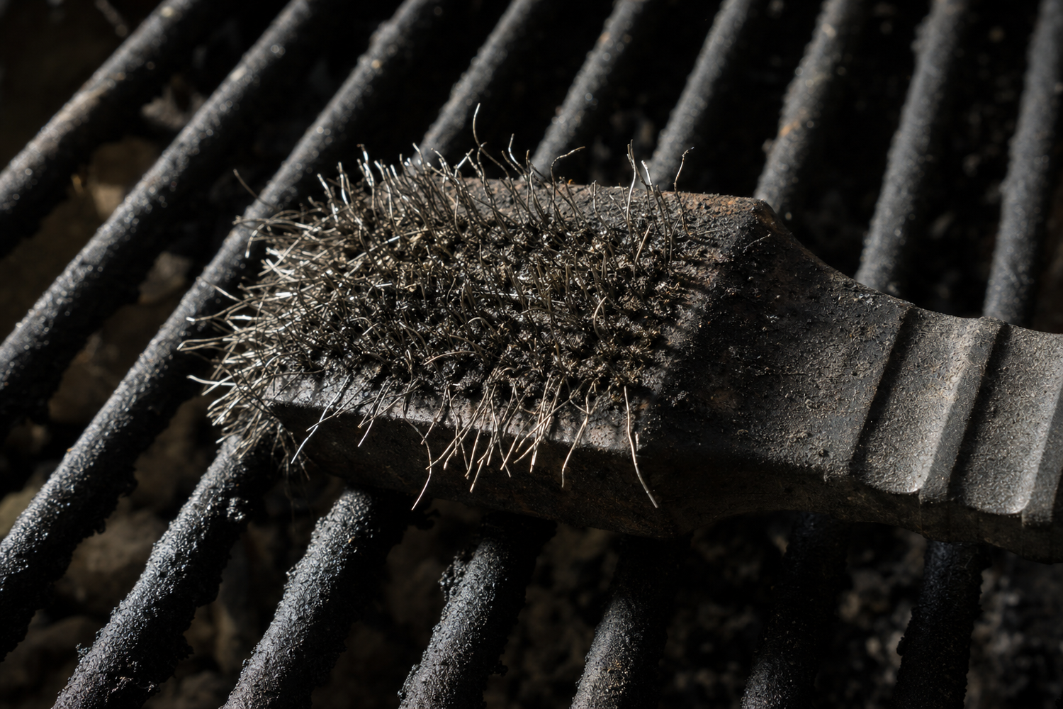 Used wire-bristle grill brush with frayed splayed metal wires resting on dirty blackened grill grates under harsh side lighting