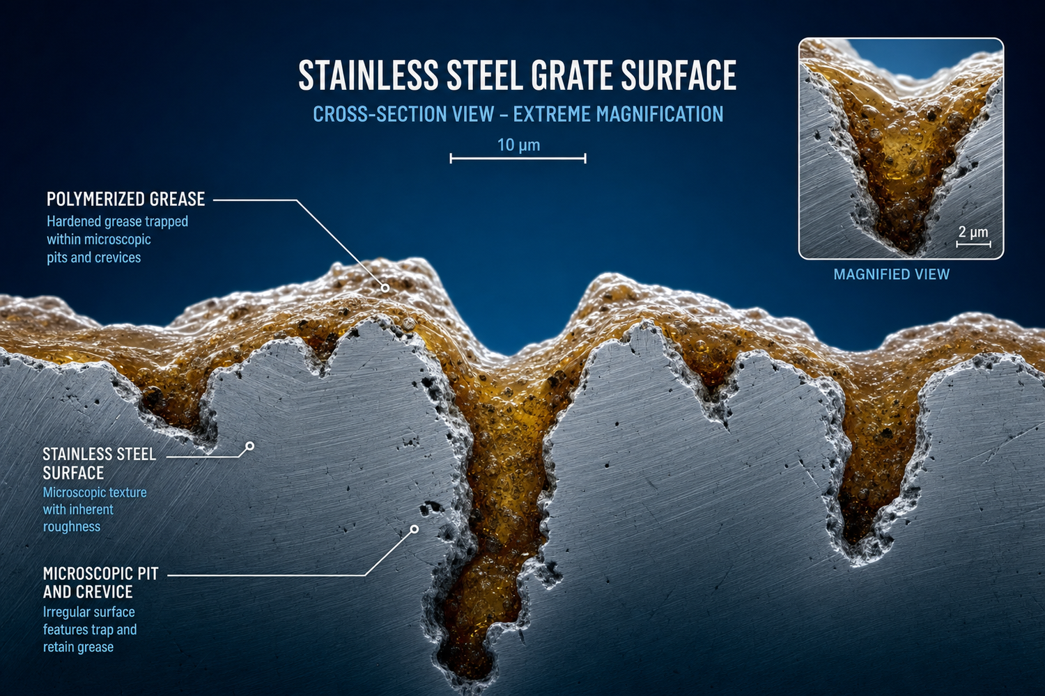 Microscopic cross-section of stainless steel grate surface showing amber polymerized grease filling microscopic pits and valleys