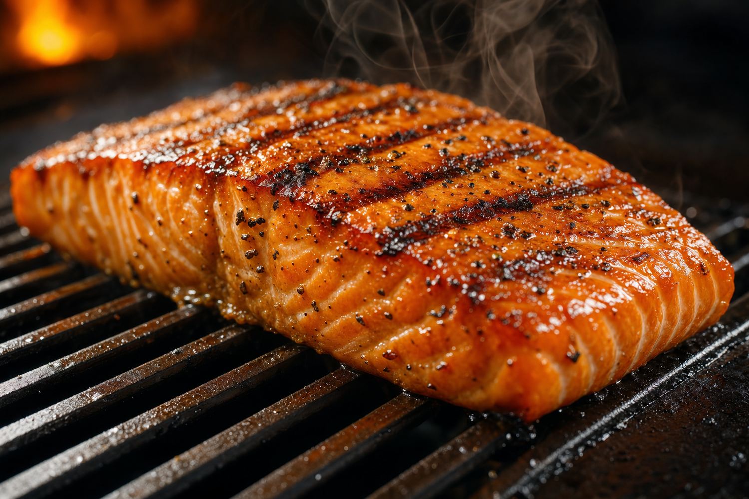 Glistening salmon fillet on grill grates with golden-brown caramelized crust and light steam