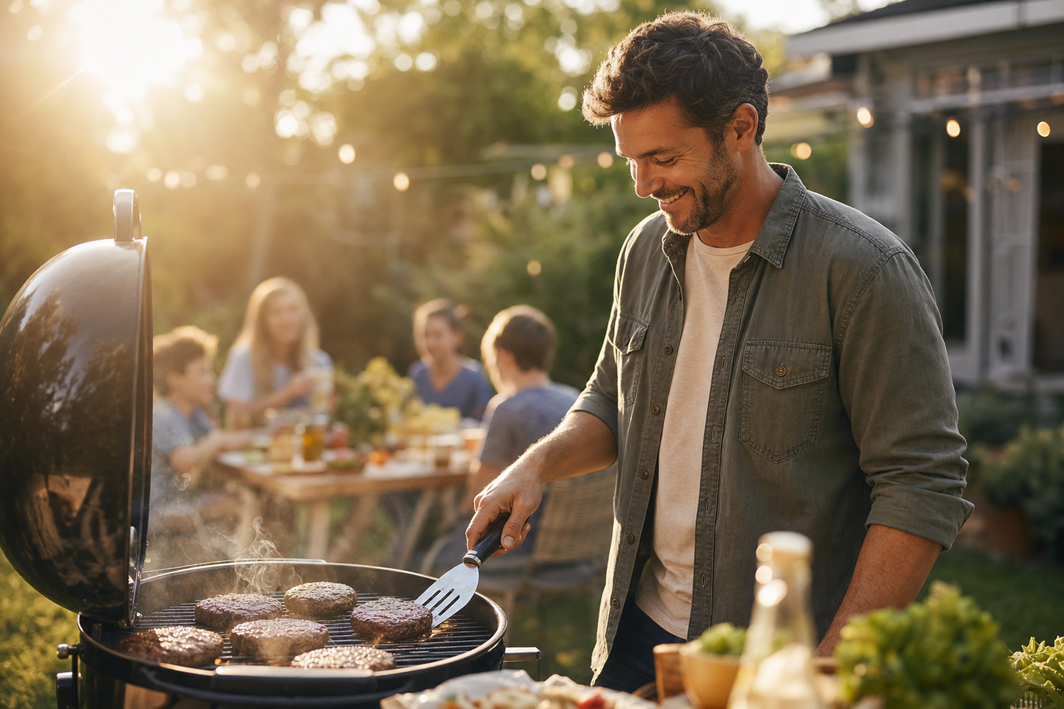 Father grilling burgers in a sunny backyard at golden hour with family in background
