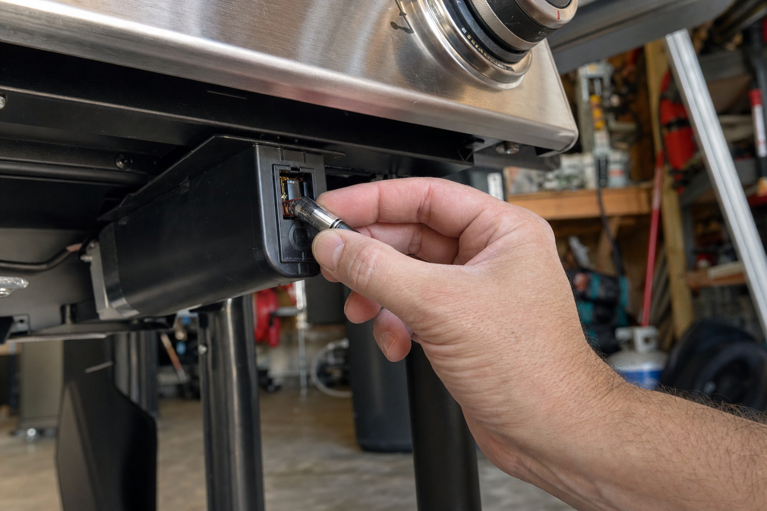 Hand pulling a small AA battery out of a gas grill igniter module under the control panel in a garage workshop setting