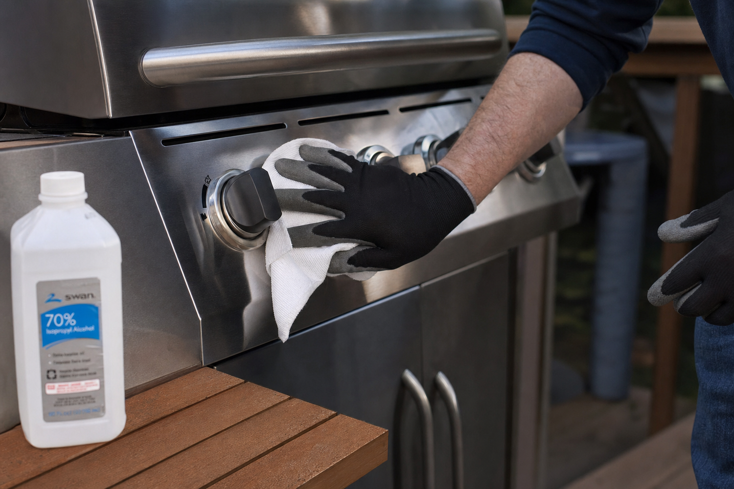 Person wiping down a stainless steel gas grill panel with a clean cloth and isopropyl alcohol for surface preparation before coating