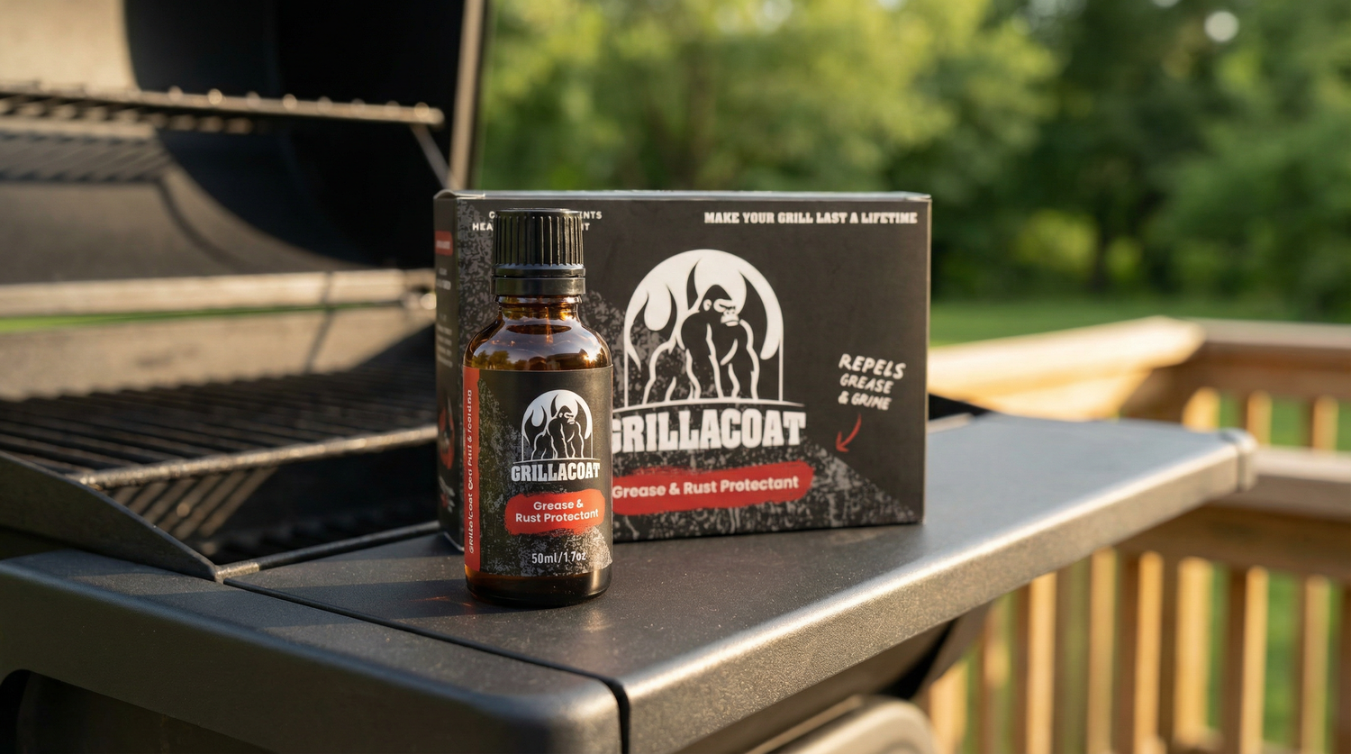 Grillacoat protective grill coating bottle and kit displayed on a BBQ grill grate